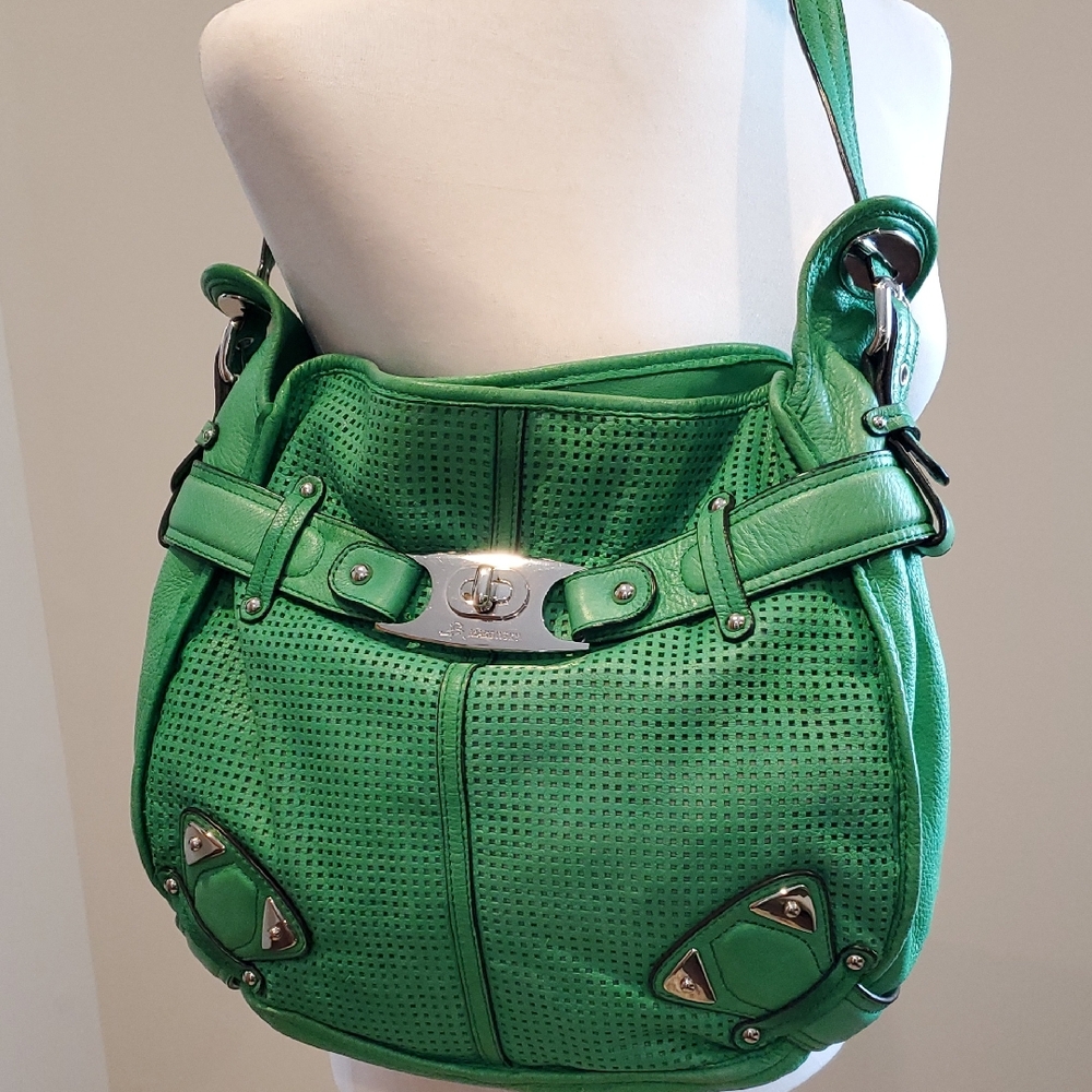 B.Makowsky, Genuen Leather,Chic Green Perforated Shoulder Bag